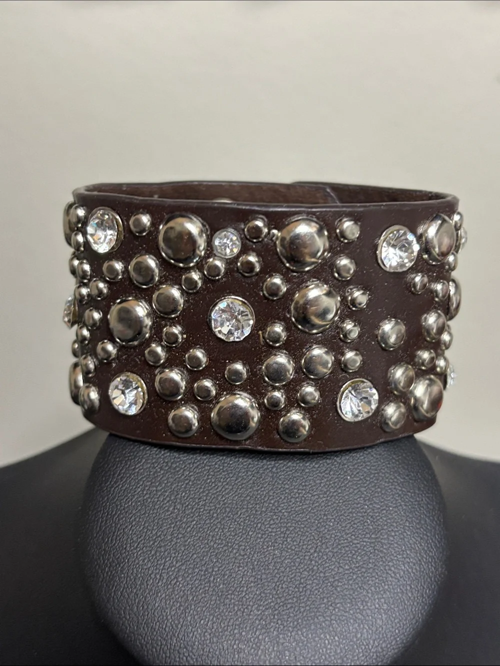 Studded Brown Leather Cuff Bracelet with Clear Crystals